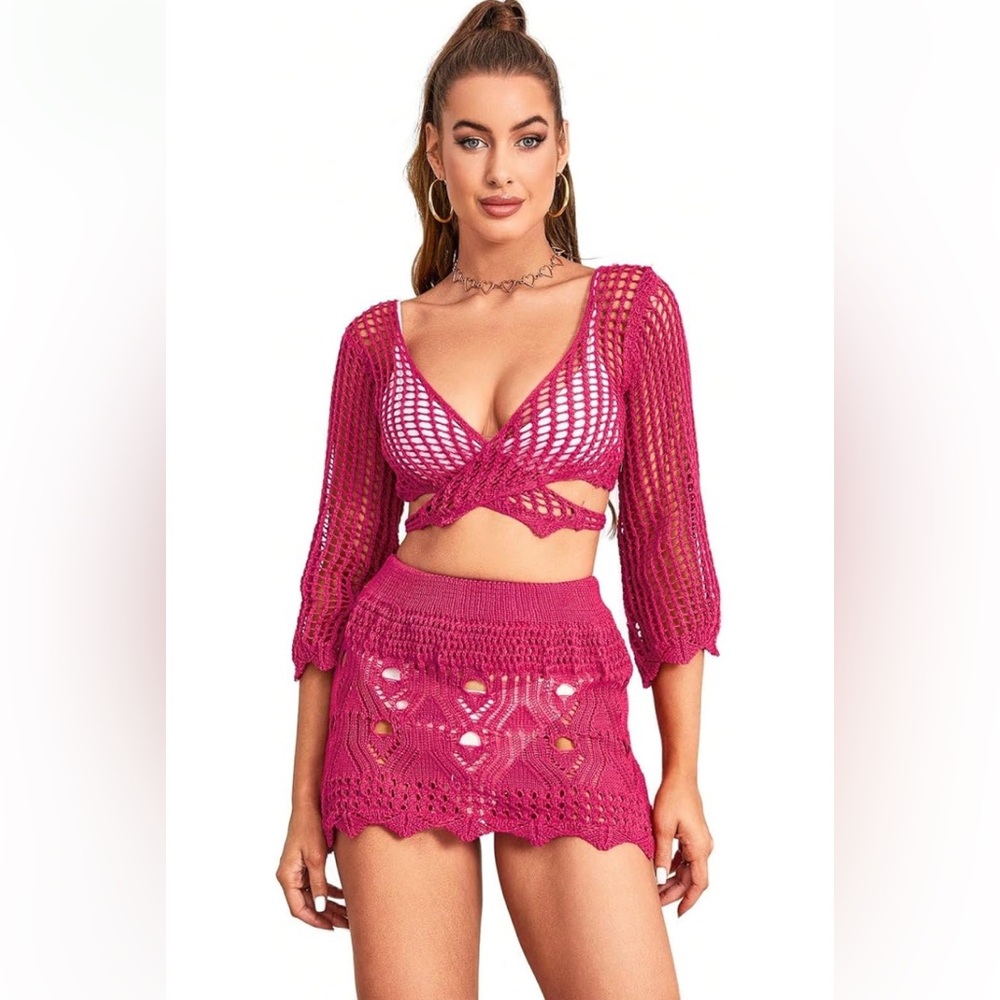 NWT No Label Size M Women’s Hollow Out Pink Coverup Skirt Set
